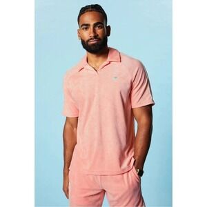 Fabletics The Island Terry Polo Mens Small Pink Short Sleeve Casual Breathable